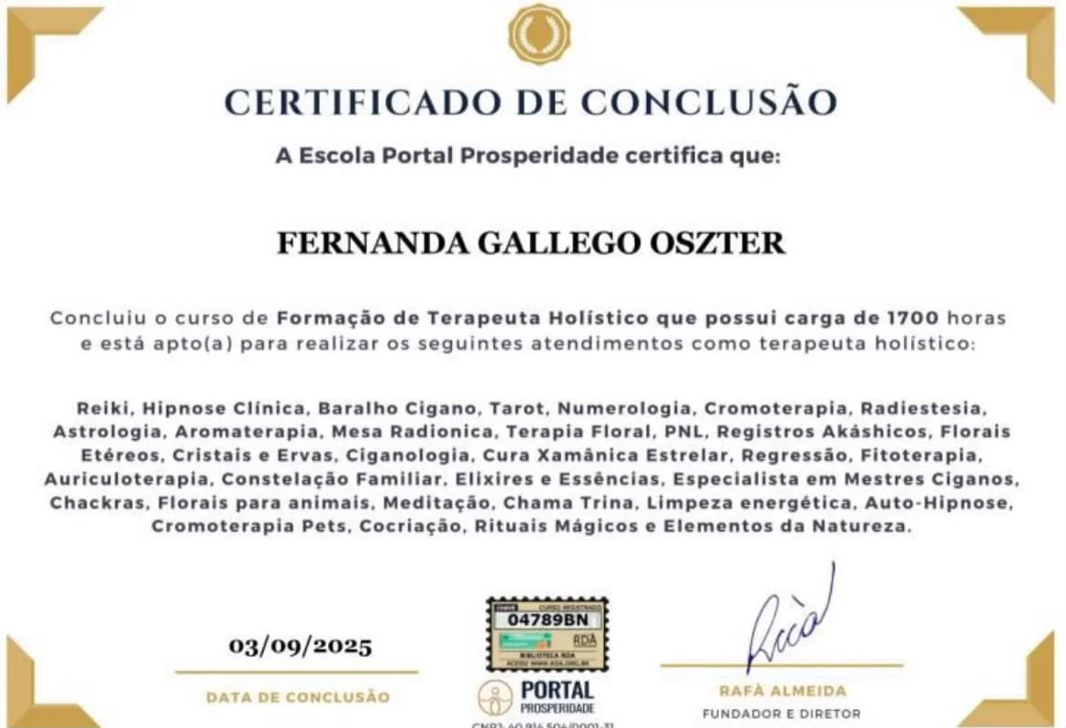 Certificado de conclusão da Formação de Terapeuta Holístico, 1.700 horas, Escola Portal Prosperidade, em nome de Fernanda Gallego Oszter