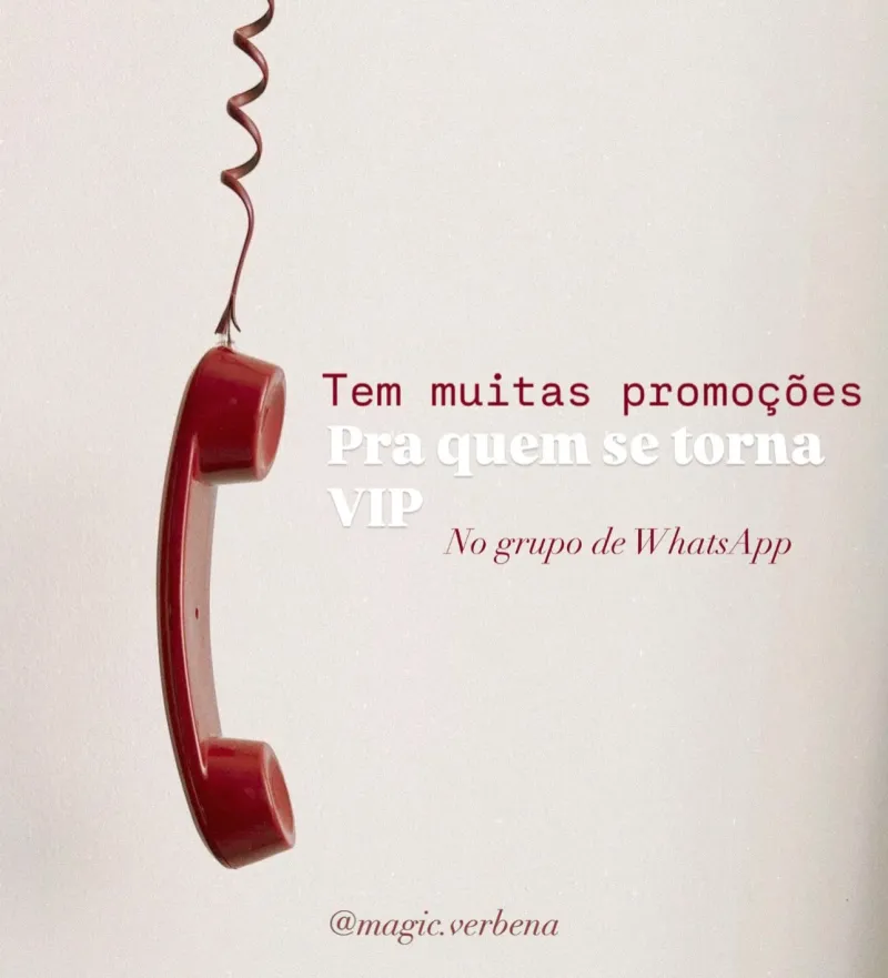 Telefone vermelho pendurado pelo fio com o texto: tem muitas promoções pra quem se torna VIP no grupo de WhatsApp