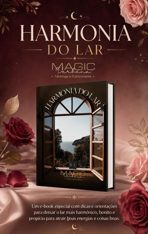 Capa do e-book Harmonia do Lar, da Magic Verbena, com janela em arco aberta para o mar entre rosas