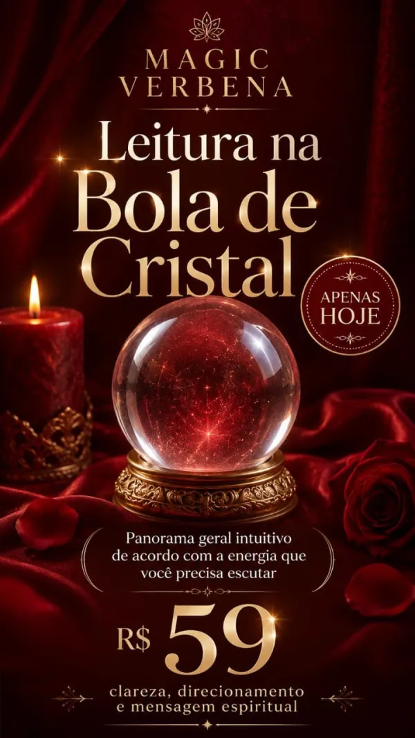 Cartaz da Leitura na Bola de Cristal por R$ 59, com bola de cristal vermelha, vela e rosa