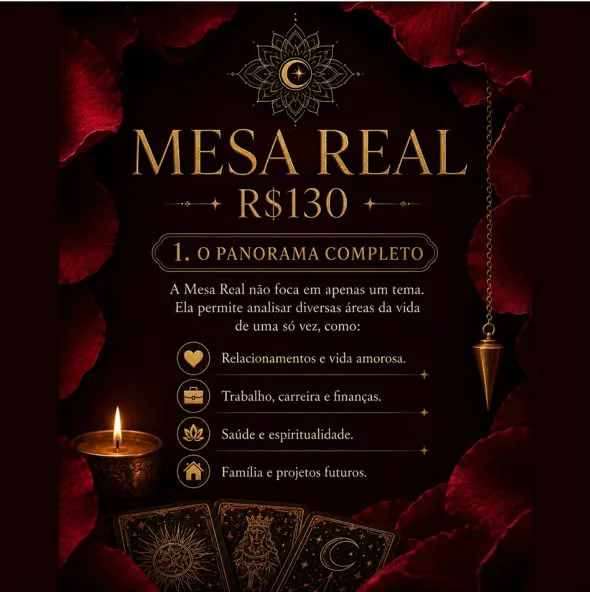 Cartaz da Mesa Real por R$ 130, com vela, pêndulo e cartas entre pétalas vermelhas