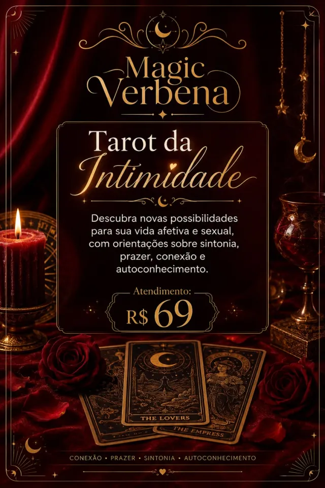 Cartaz da promoção Tarot da Intimidade por R$ 69, com vela, rosas e as cartas Os Enamorados e A Imperatriz