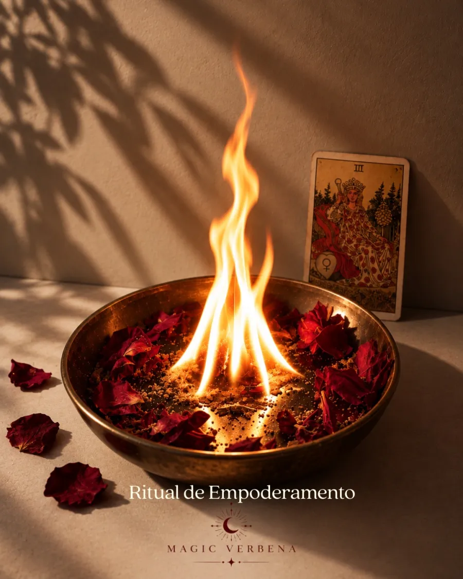 Tigela de cobre com fogo e pétalas de rosa vermelha ao lado de uma carta de tarot, ritual de empoderamento